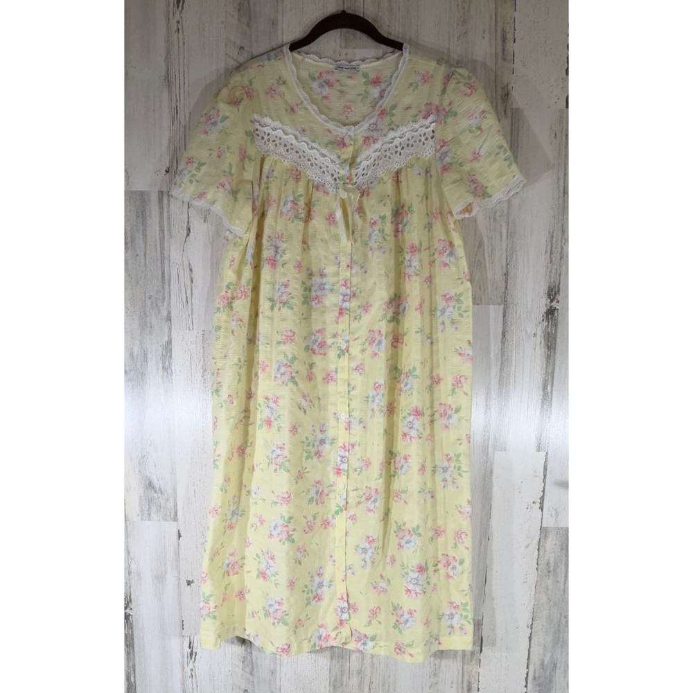 Anna New York Nightgown Yellow Floral Lace Trim Button Front Seersucker‎ Midi